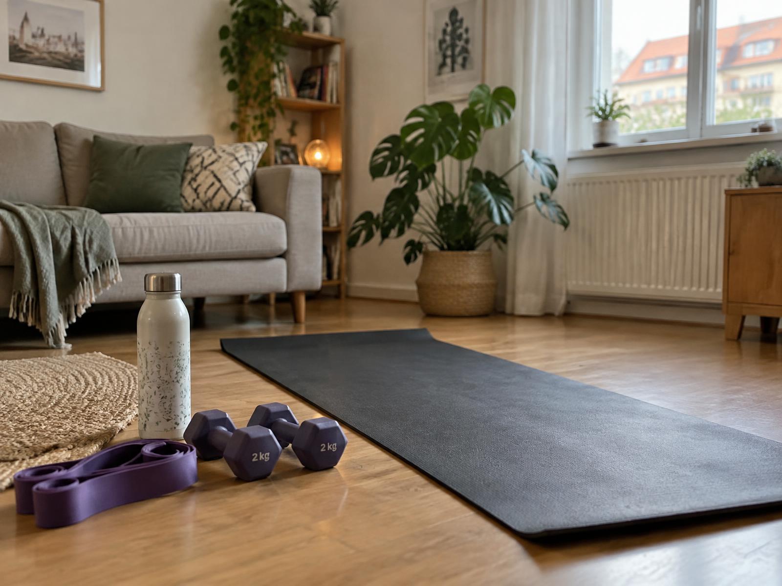 Trainingsmatte, kleine Hanteln und Widerstandsband in einem hellen Wohnzimmer